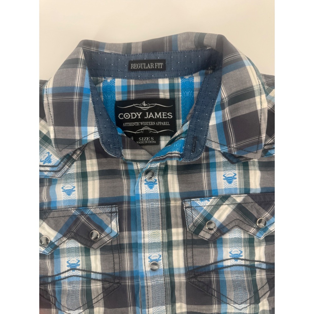 Cody James Boys Blue Plaid Western Snap Long Sleeve Shirt Steer Head Size S